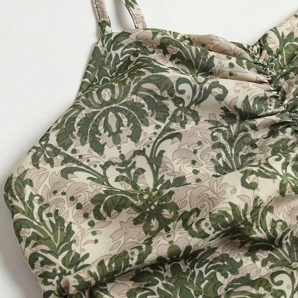 Multicolor Boho Women's Spaghetti Strap Leaf Print Ruffle Hem Maxi Slip Dress - Picture 7 of 7